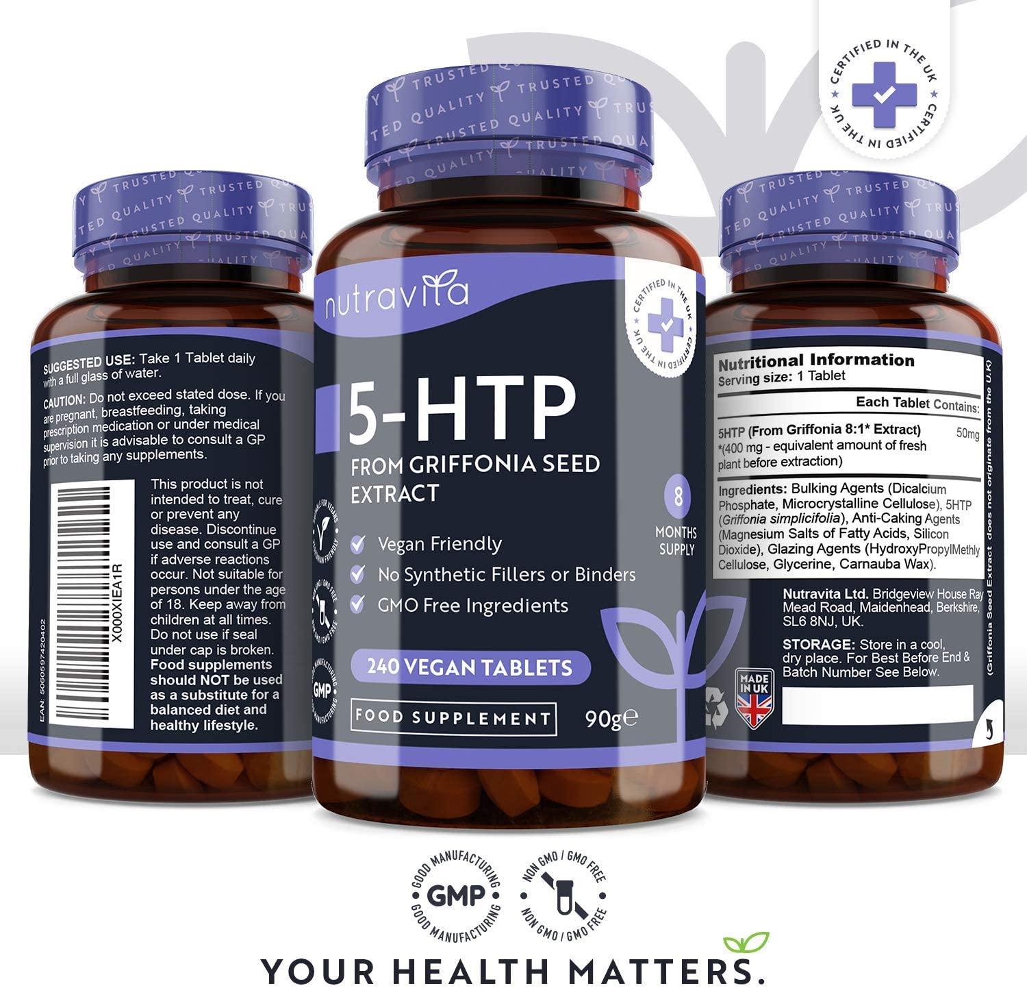 Nutravita 5HTP 400mg Griffonia Seed Extract – 240 Vegan Tablets Maximum Strength 5-HTPمستخلص من بذور الجريفونيا 400 مجم ، 240حباية نباتية - Image 2