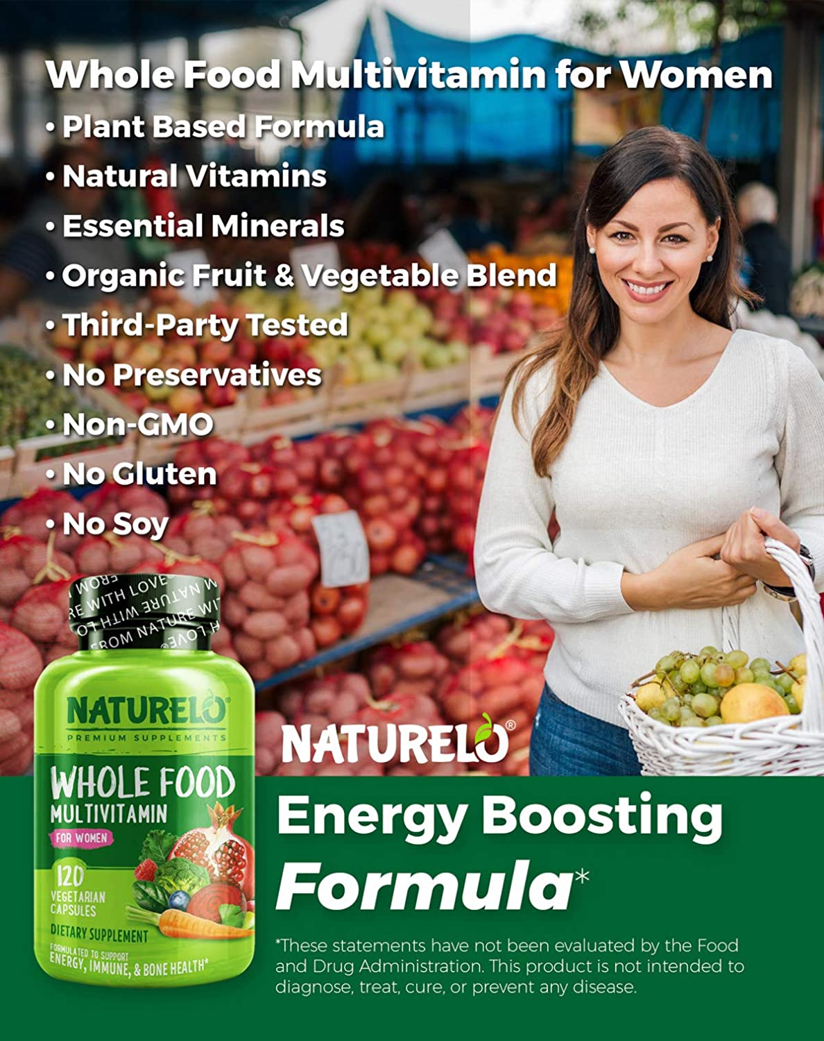 NATURELO Whole Food Multivitamin for Women - with Vitamins, Minerals, & Organic Extracts - Supplement for Energy and Heart Health - Vegan - Non GMO - 120 Capsules فيتامينات غذائية كاملة للنساء ، 120 كبسولة - Image 6