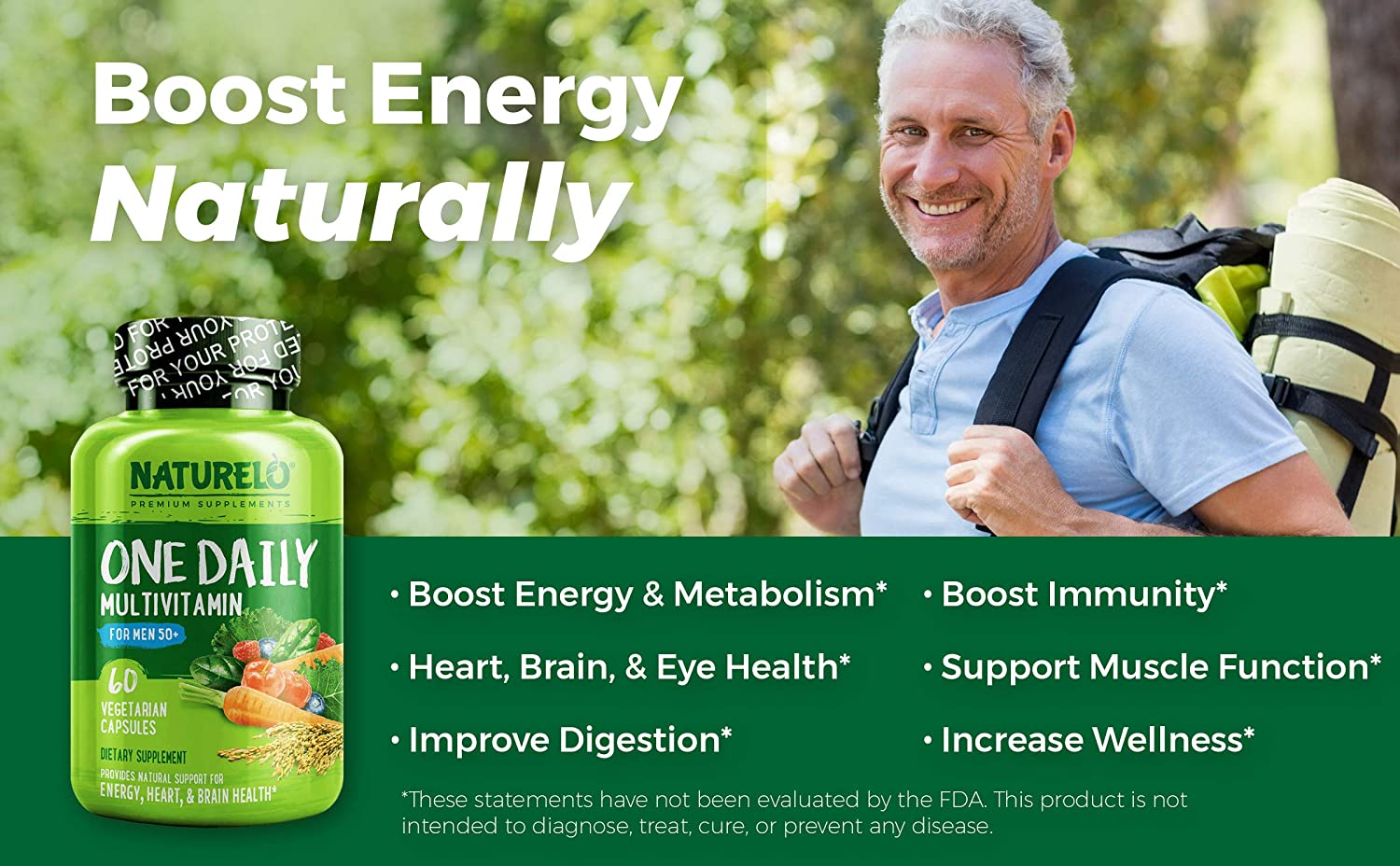 NATURELO One Daily Multivitamin for Men 50+ with Whole Food Vitamins -Boost Energy -60 Capsules <br/> ناتشريلو ، وان ديلى فيتامينات متعددة للرجال فوق 50 عام ، مكمل غذائى كامل لزيادة إنتاج الطاقة و لتحسين الصحة العامة ، 60 كبسولة نباتية - Image 5