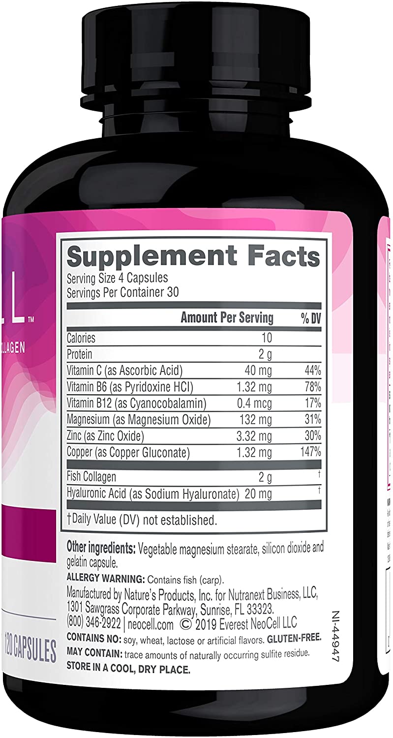 Neocell Marine Collagen, 120ct Collagen Pills with Hyaluronic Acid, Vitamin C, Magnesium, B6, B12, Zinc, and Protein, Hydrates Skin (Packaging May Vary) كولاجين بحرى (كولاجين 1 ،3) + حمض الهالورونيك وفيتامين ج وفيتامين ب6 وفيتامين ب12، لصحة الجلد والشعر ، 120 كبسولة - Image 4