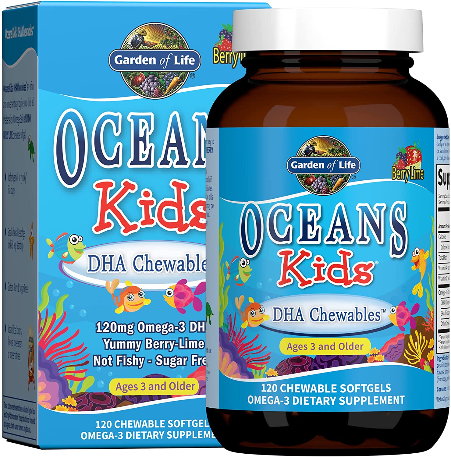 Garden of Life Fish Oil Omega 3 for Kids - Oceans Kids DHA Cod Liver Oil Chewable Softgels - Berry Lime, 120mg, EPA, Vitamin A, D3 - Sugar Free Fish Oil Supplement, Multi, 120 Count