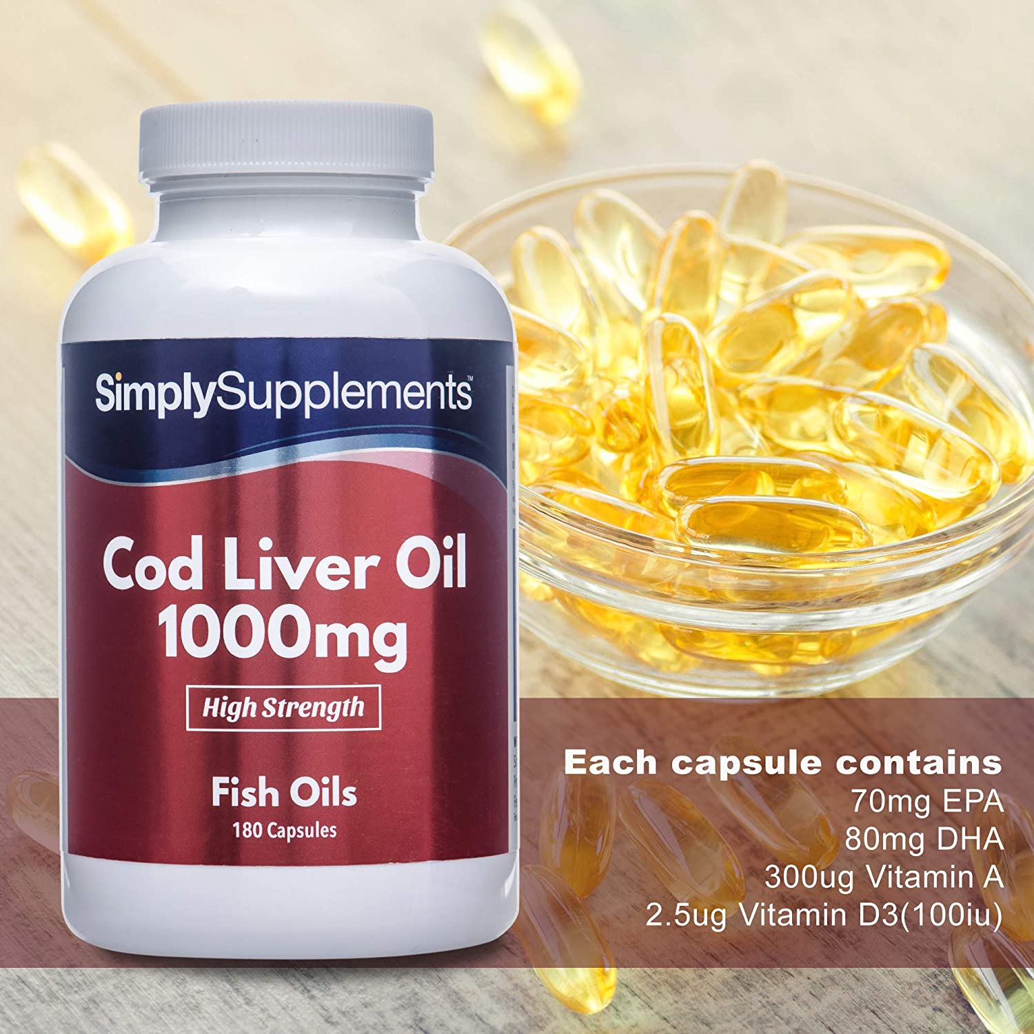 Cod Liver Oil 1000mg 180 Capsules | Rich in Omega 3 Fatty Acidsزيت كبد الحوت 1000 مجم، 180 كبسولة، غنى بالأوميجا 3 والأحماض الأمينية وفيتامين أ وفيتامين د - Image 2