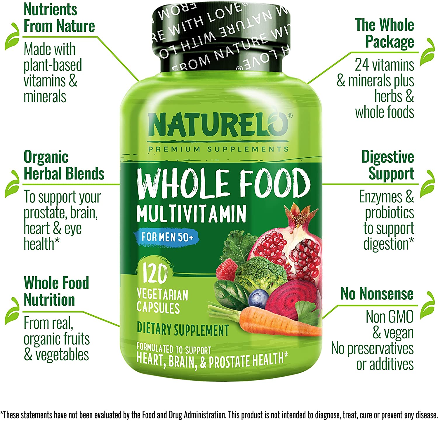 NATURELO Whole Food Multivitamin for Men 50+ - with Vitamins, Minerals, Organic Herbal Extracts - Vegan Vegetarian - for Energy, Brain, Heart and Eye Health - 120 Capsulesناتشريلو ، طعام كامل فيتامينات و معان متعددة للرجال فوق 50 عام ، مكمل غذائى كامل لزيادة إنتاج الطاقة و لتحسين الصحة العامة ، 120 كبسولة نباتية - Image 6
