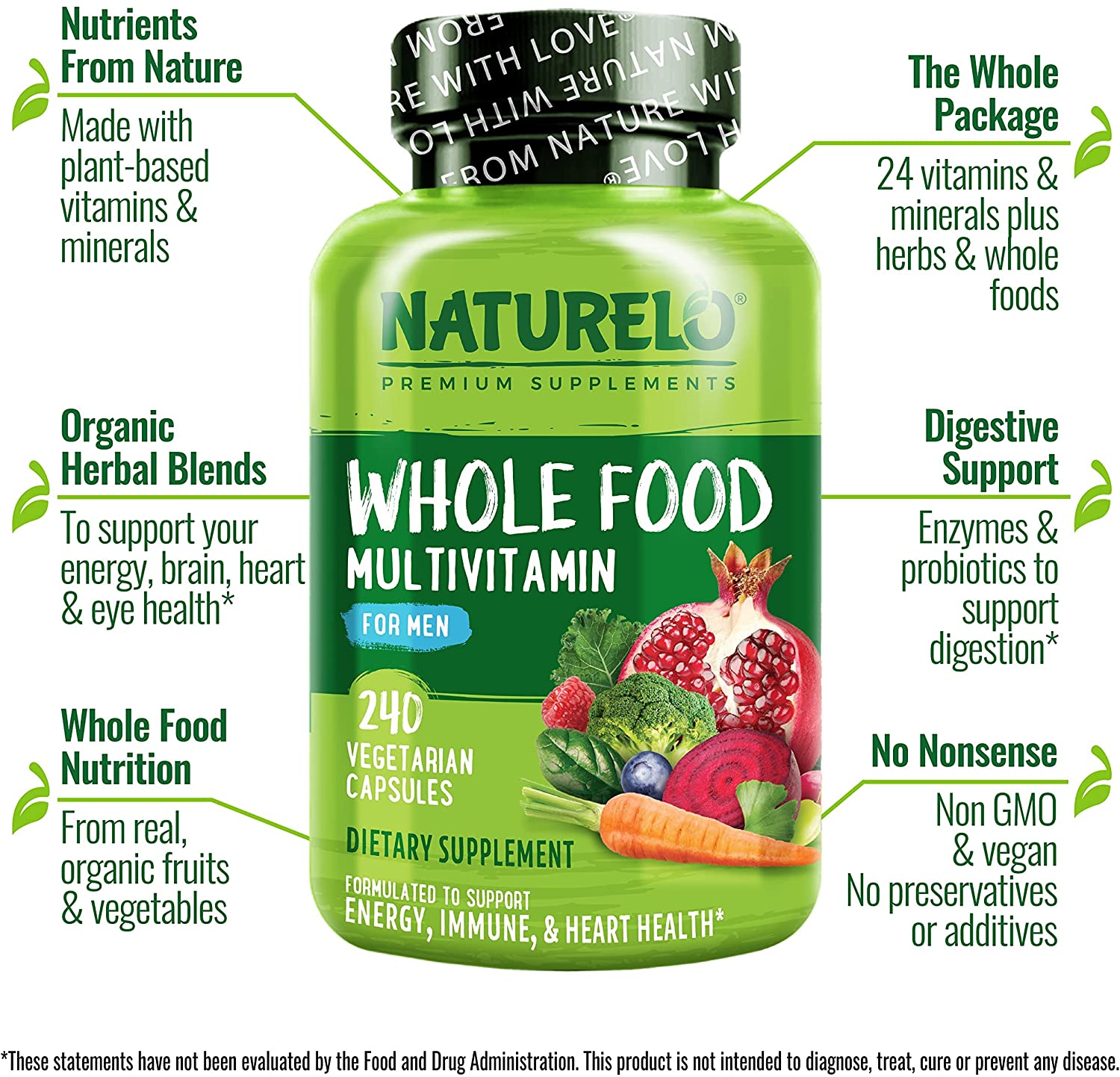 NATURELO Whole Food Multivitamin for Men - Vitamins, Minerals, Antioxidants, Organic Extracts - Vegetarian - for Energy, Brain, Heart, Eye Health - 240 Vegan Capsules ناتشريلو طعام كامل فيتامينات ومعادن متعددة نباتية وعضوية للرجال ، لصحة القلب والمخ والعين وإنتاج الطاقة ، 240 كبسولة نباتية - Image 8