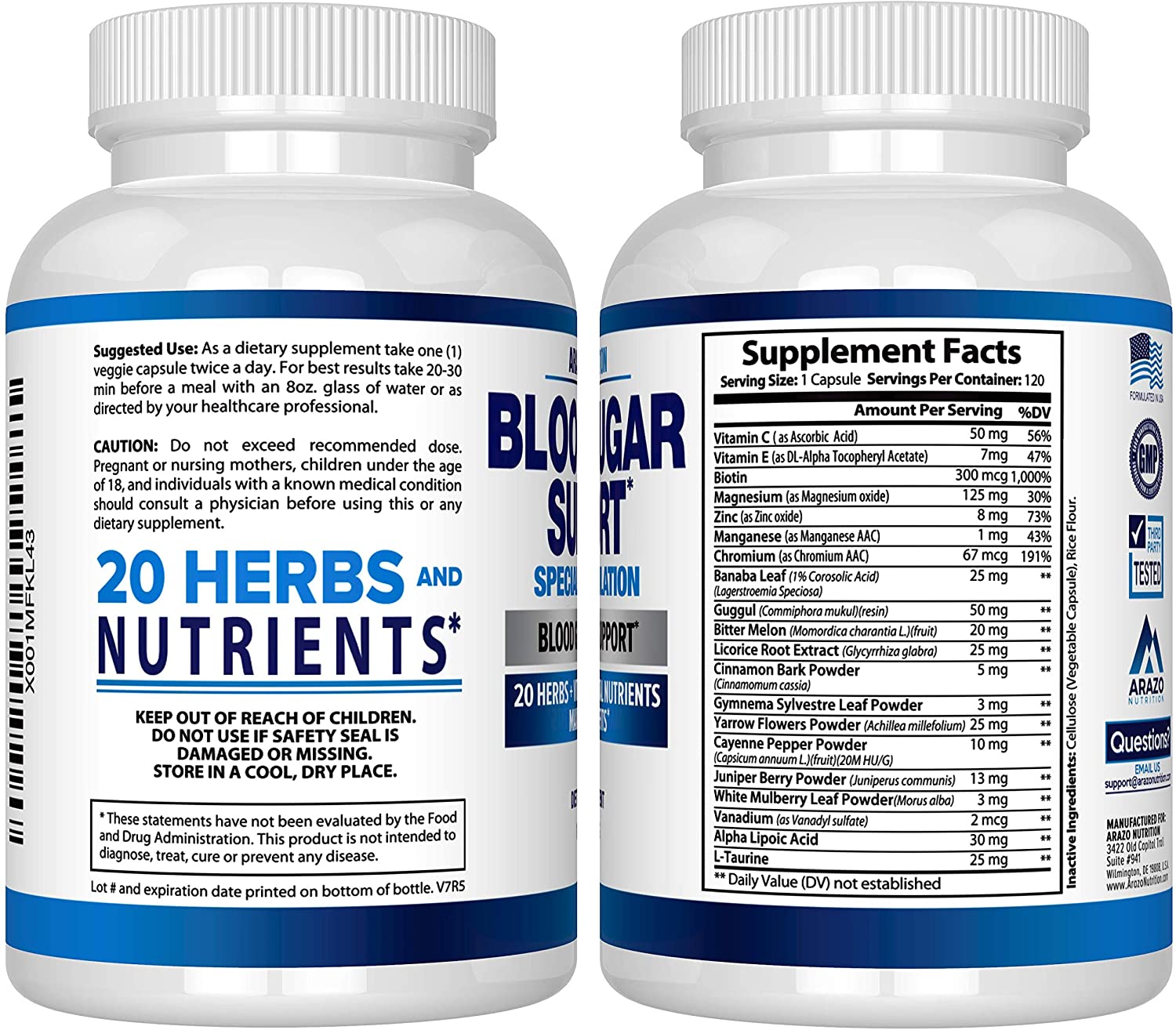 Arazo Nutrition Blood Sugar Support Supplement - 20 Herbs & Multivitamin for Blood Sugar Control - 120 Pills مكمل لدعم سكر الدم ، 20 عشب و فيتامينات متعددة للتحكم فى سكر الدم ، 120 حباية - Image 2