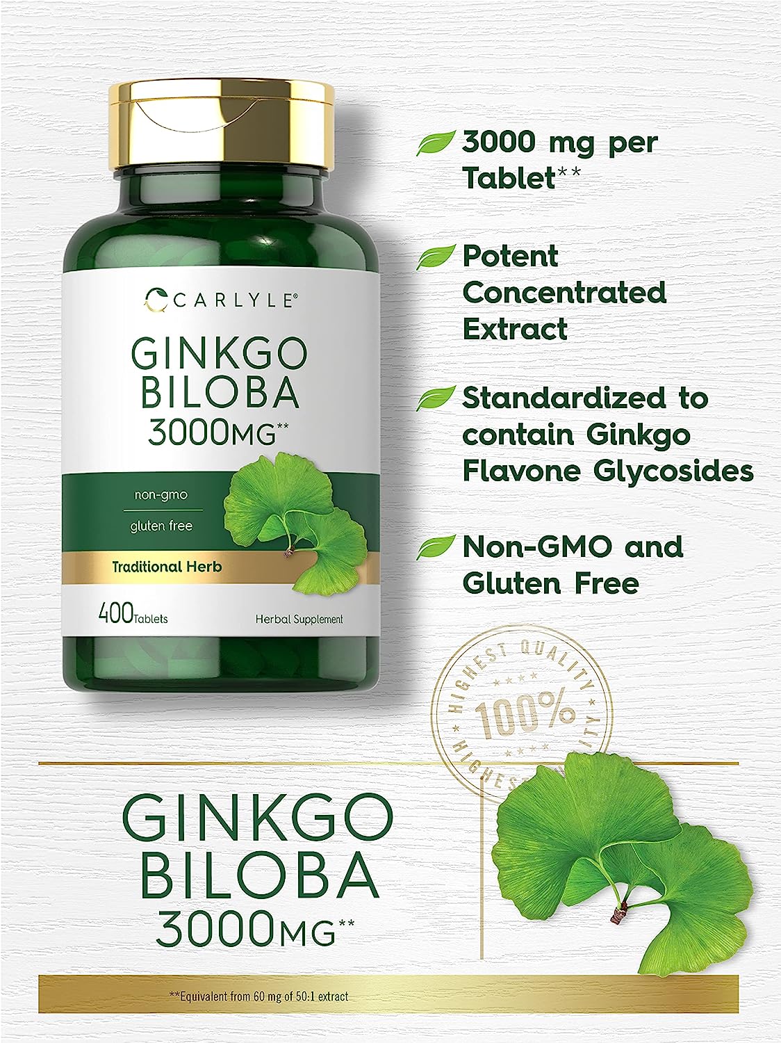 Carlyle Ginkgo Biloba 3000mg | 400 Tablets | Vegetarian Supplement | Non-GMO, Gluten Free - Image 7