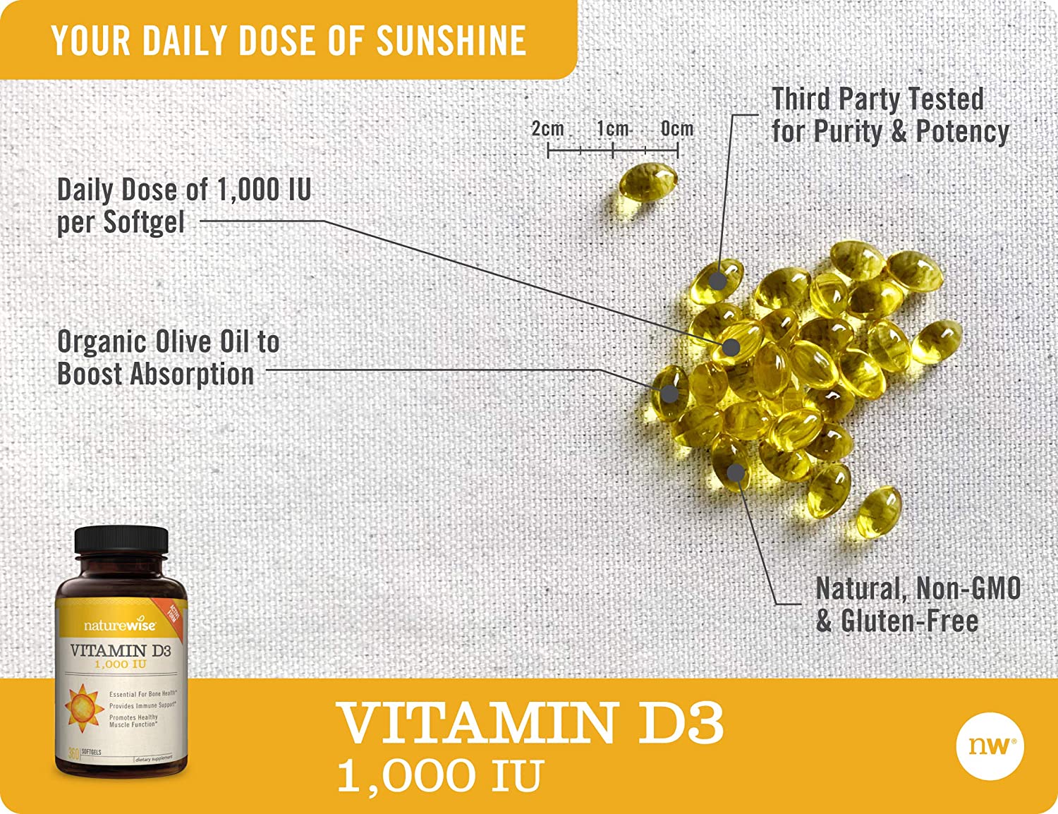 NatureWise Vitamin D3 1,000 IU for Healthy Muscle Function, Bone Health & Immune Support ,360 Count ناتشيروايس ،فيتامين د3، 1000 وحدة دولية مع زيت الزيتون العضوى، يكفى لمدة عام ، لصحة وظائف العضلات ، ولصحة العظام ، ولصحة الجهاز المناعى، 360 حباية - Image 5