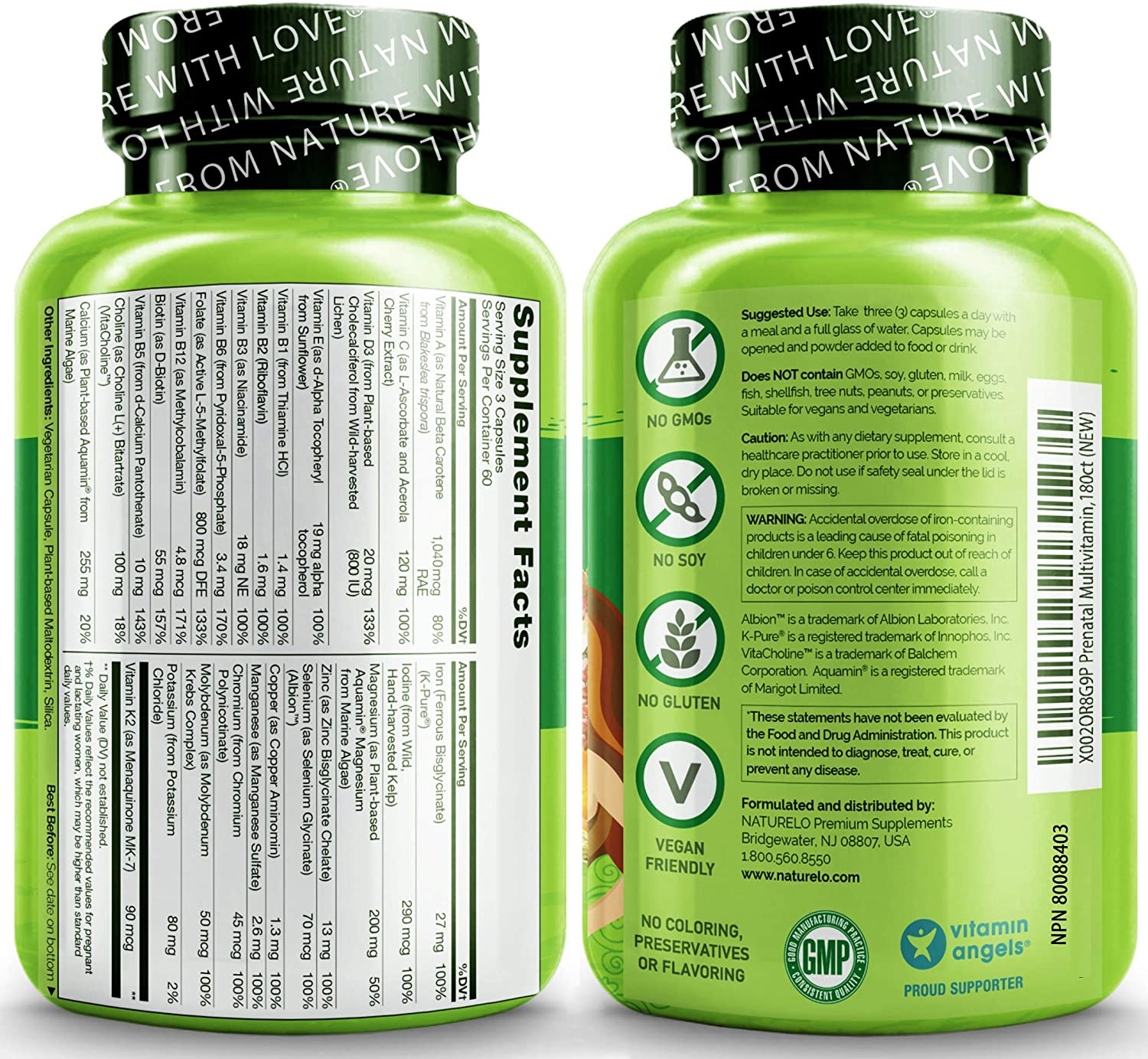NATURELO Prenatal Multivitamin with DHA, Natural Iron, Folate, Plant Calcium -180 Capsules فيتامينات متعددة للأمهات الحوامل مع الحديد الطبيعى وحمض الفوليك والكالسيوم النباتى ، 180 كبسولة نباتية - Image 2