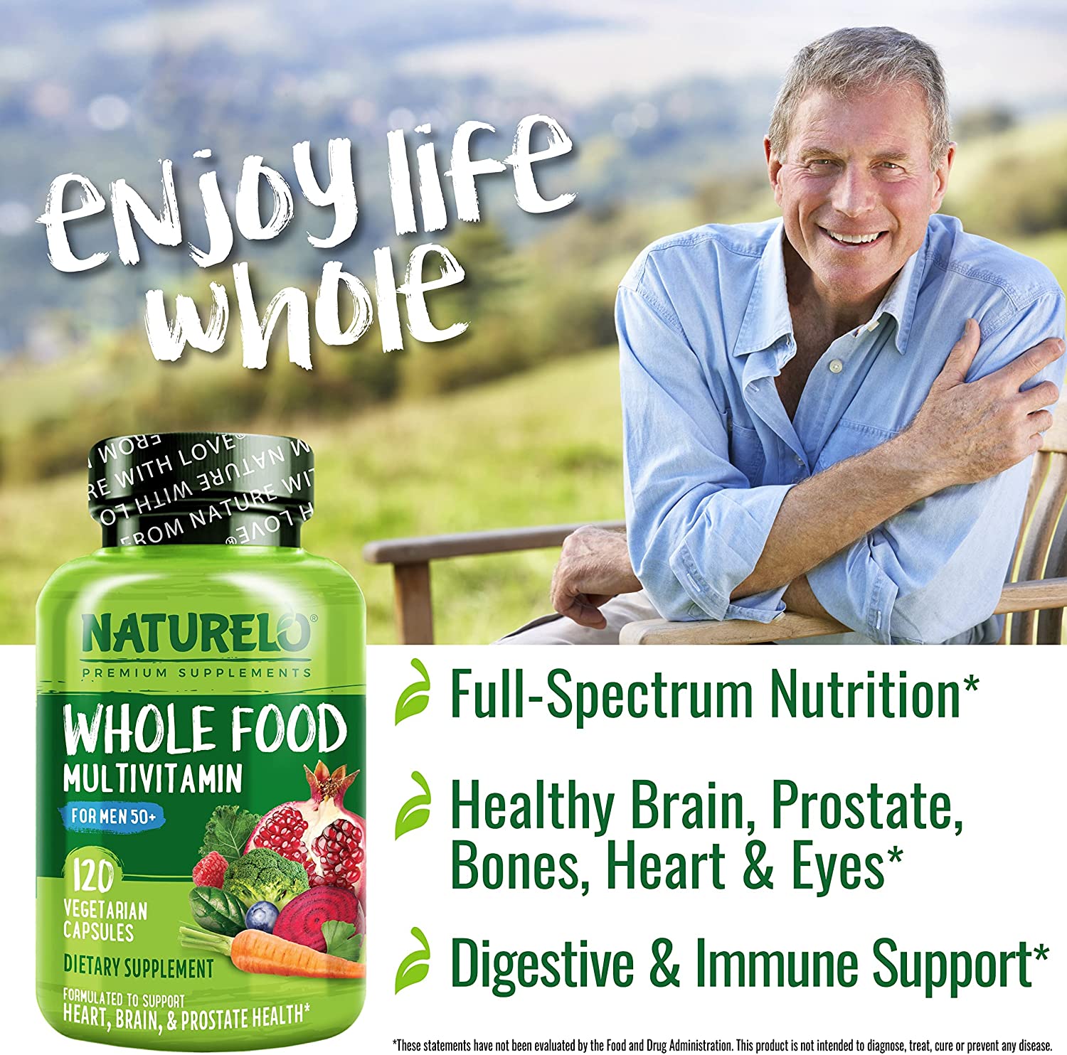 NATURELO Whole Food Multivitamin for Men 50+ - with Vitamins, Minerals, Organic Herbal Extracts - Vegan Vegetarian - for Energy, Brain, Heart and Eye Health - 120 Capsulesناتشريلو ، طعام كامل فيتامينات و معان متعددة للرجال فوق 50 عام ، مكمل غذائى كامل لزيادة إنتاج الطاقة و لتحسين الصحة العامة ، 120 كبسولة نباتية - Image 4