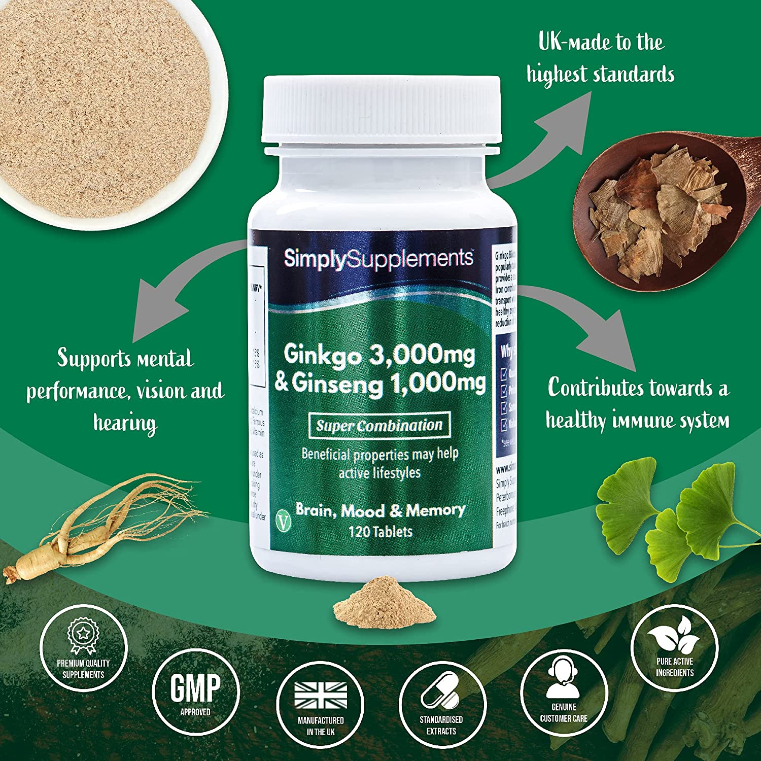 Simply Supplements Ginkgo Biloba & Korean Ginseng | Supports Mental Performance & Helps with Circulation | Vegan & Vegetarian Friendly | 120 Tablets | Manufactured in The UK سمبل سبلايمنتس خليط نباتى من الجانكجو بيلوبا 3000 مجم والجنسنج 1000 مجم لدعم صحة المخ والذاكرة والمزاج 120 حباية - Image 6