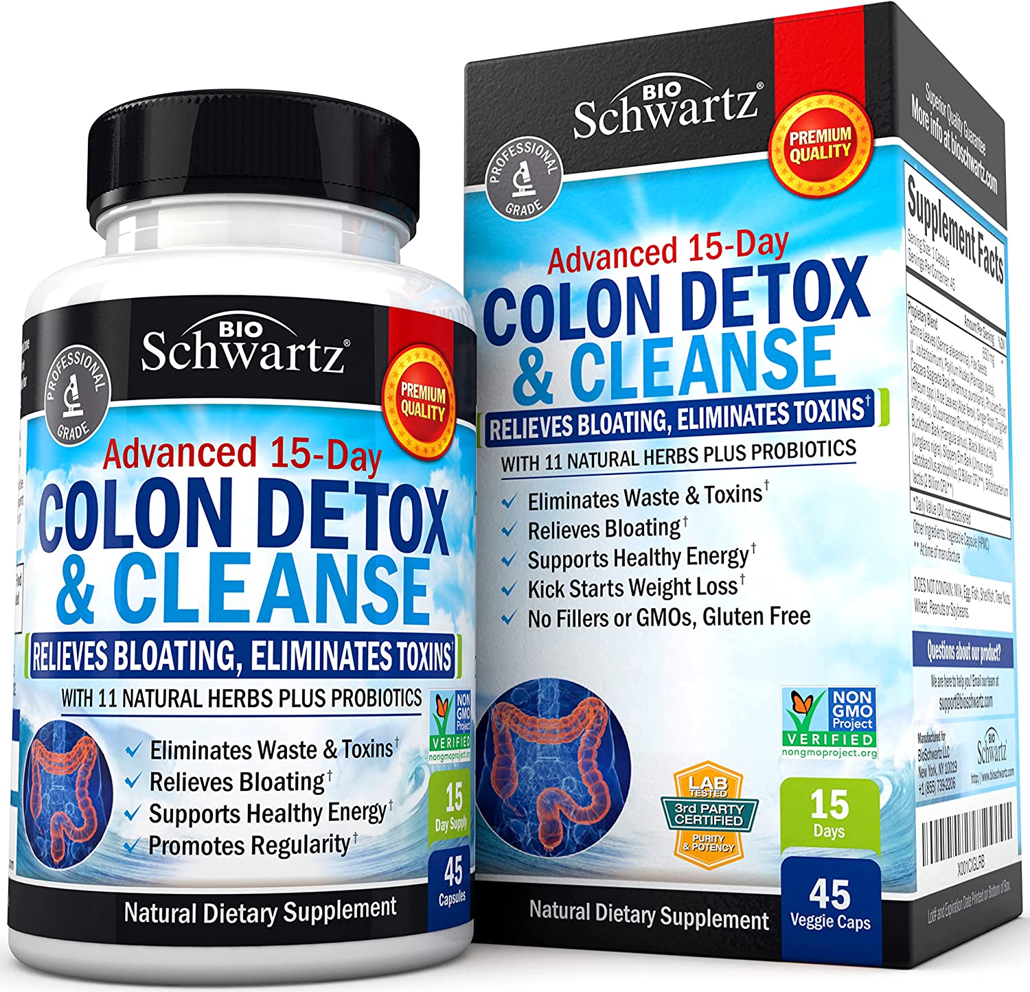 BioSchwartz Colon Cleanser Detox , 45 Capsulesتطهير القولون لمدة 15 يوم ، لتحسين صحة الجهاز الهضمى ، وزيادة مستويات الطاقة ، 45 كبسولة