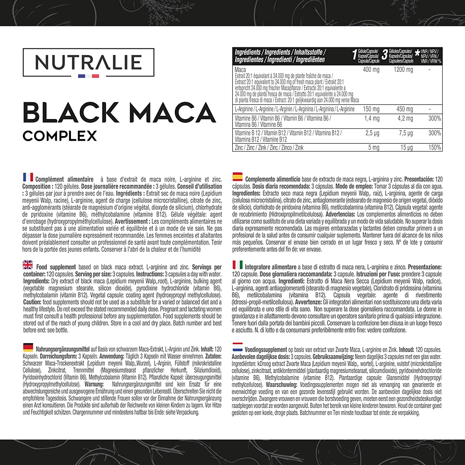 NUTRALIE Black Maca Equivalent to 24,000mg per dose of 1200mg with L-Arginine, Zinc and Vitamins B6 B12 | 120 Maca Vegetarian Capsules Highly Concentrated 20:1 - Image 2