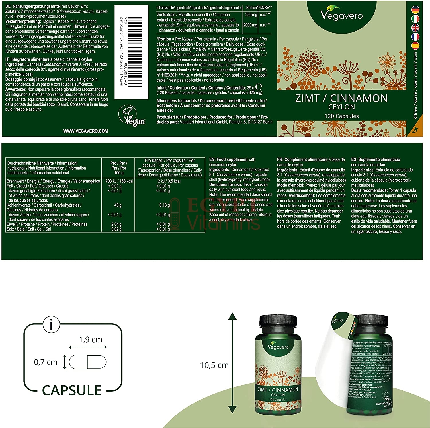 Vegavero Ceylon Cinnamon | High Dosage: 2000 mg (8:1 Extract) per capsule | 120 Capsules قرفة سيلان عالية الجرعة 2000 مجم ، استخلاص 1 : 8 للكبسولة ، 120 كبسولة - Image 4