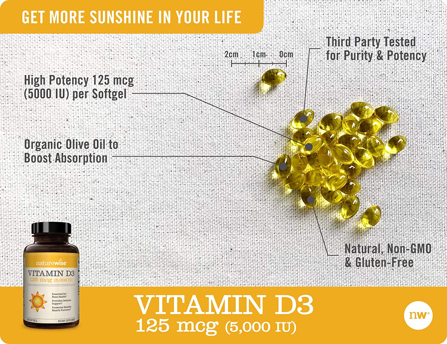 NatureWise Vitamin D3 5000 IU - for Healthy Muscle Function, Bone Health, and Immune Support - Organic Olive Oil, 360 Capsules (1 Year Supply) فيتامين د3 ، 5,000 وحدة دولية ، مع زيت الزيتون العضوى ، 360 كبسولة (تكفي لمده عام) ، لصحة وظائف العضلات والعظام والجهاز المناعى - Image 6