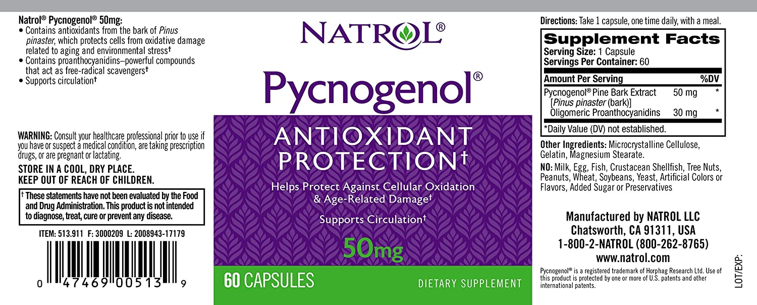 Natrol Pycnogenol Capsules, Antioxidant Protection, Protects Against Cellular Oxidation and Age-Related Damage, European Maritime Pine Bark Extract, Supports Circulation, 50 mg, 60 Count بيكنوجينول 50 مجم مضاد للأكسدة ولحماية الخلايا من الأكسدة ، 60 كبسولة - Image 4