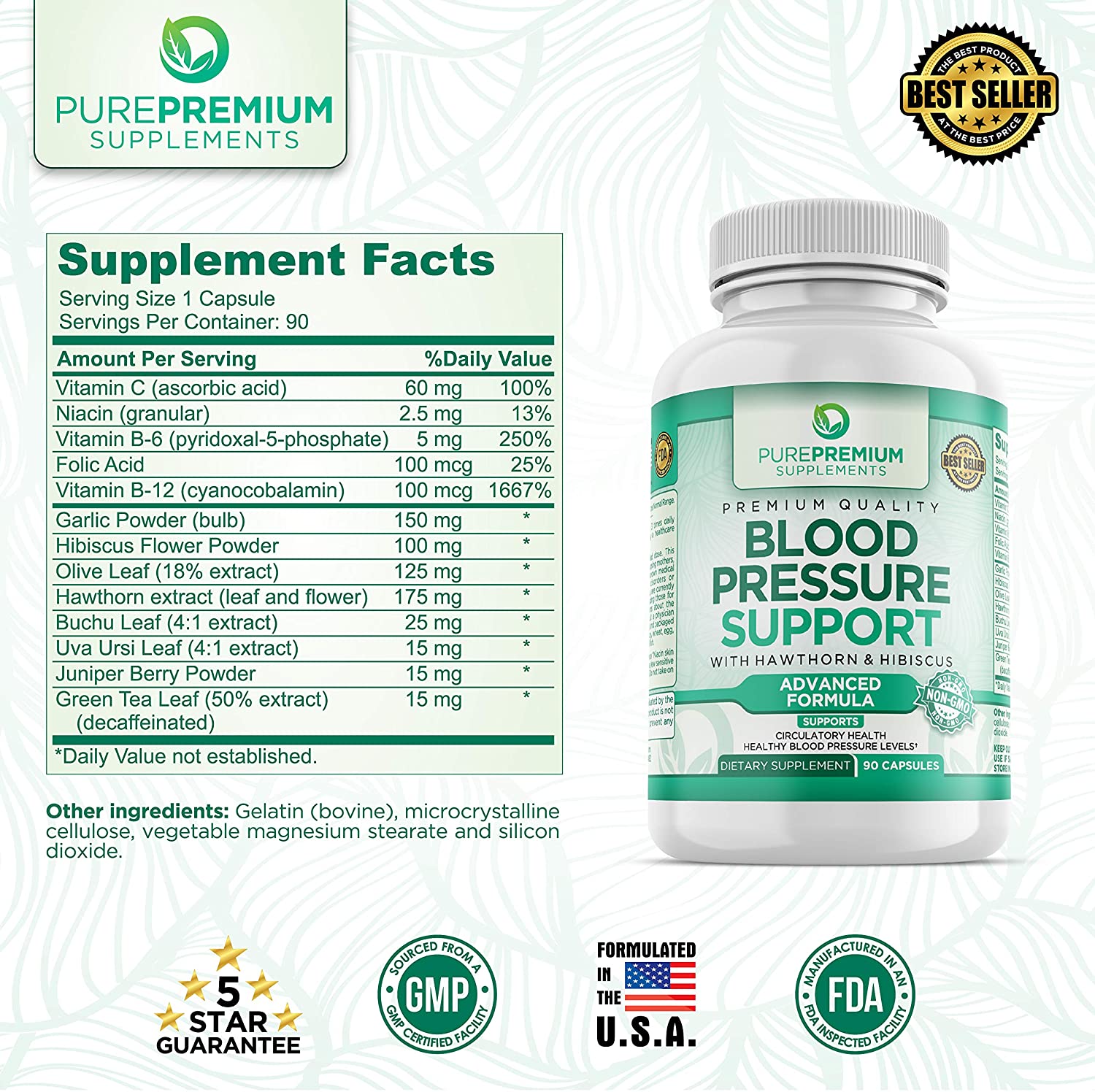 PurePremium Blood Pressure Support with Hawthorn & Hibiscus - for Cardiovascular & Circulatory Health - 90 Capsules<br/>مكمل داعم لضغط الدم مع الزعرور والكركديه _ مضاد طبيعى لإرتفاع ضغط الدم ، و لصحة القلب والأوعية الدموية والدورة الدموية ، 90 كبسولة - Image 2