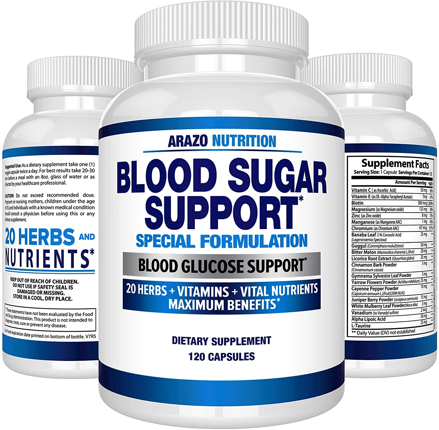 Arazo Nutrition Blood Sugar Support Supplement - 20 Herbs & Multivitamin for Blood Sugar Control - 120 Pills مكمل لدعم سكر الدم ، 20 عشب و فيتامينات متعددة للتحكم فى سكر الدم ، 120 حباية - Image 3
