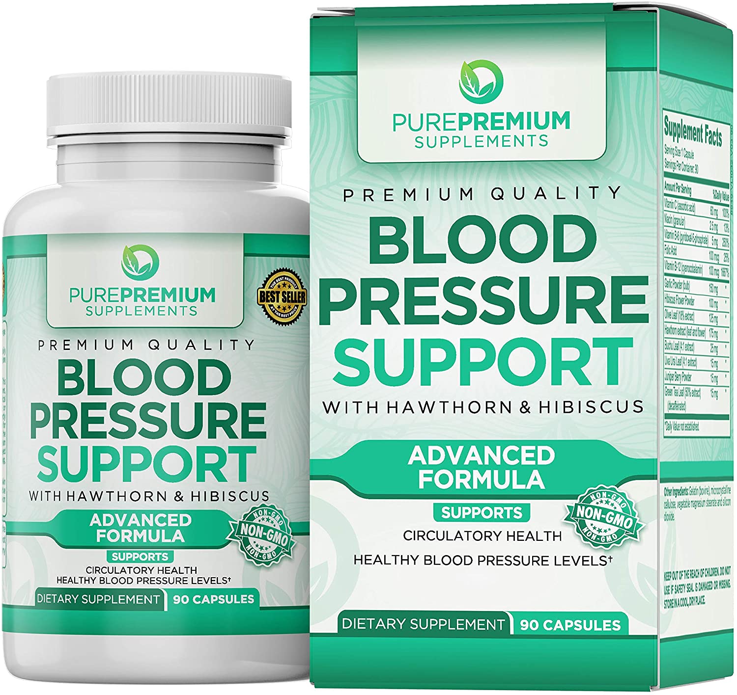 PurePremium Blood Pressure Support with Hawthorn & Hibiscus - for Cardiovascular & Circulatory Health - 90 Capsulesمكمل داعم لضغط الدم مع الزعرور والكركديه _ مضاد طبيعى لإرتفاع ضغط الدم ، و لصحة القلب والأوعية الدموية والدورة الدموية ، 90 كبسولة