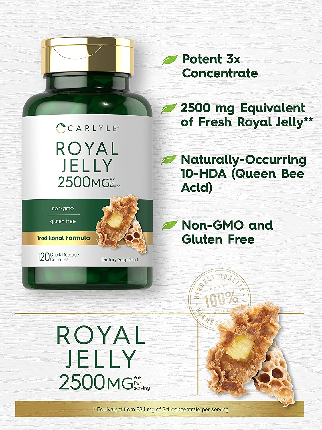 Carlyle Royal Jelly Capsule | 2500mg | 120 Count كبسولات غذاء ملكات النحل 2500 مجم ، 120 كبسولة - Image 2