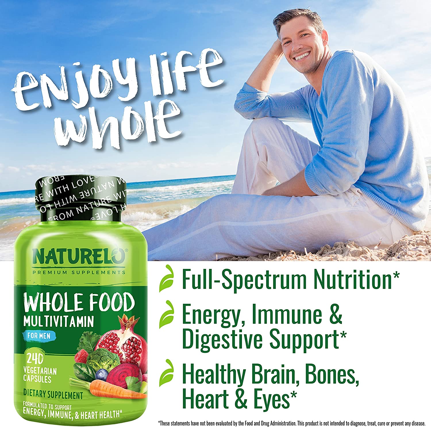 NATURELO Whole Food Multivitamin for Men - Vitamins, Minerals, Antioxidants, Organic Extracts - Vegetarian - for Energy, Brain, Heart, Eye Health - 240 Vegan Capsules ناتشريلو طعام كامل فيتامينات ومعادن متعددة نباتية وعضوية للرجال ، لصحة القلب والمخ والعين وإنتاج الطاقة ، 240 كبسولة نباتية - Image 6