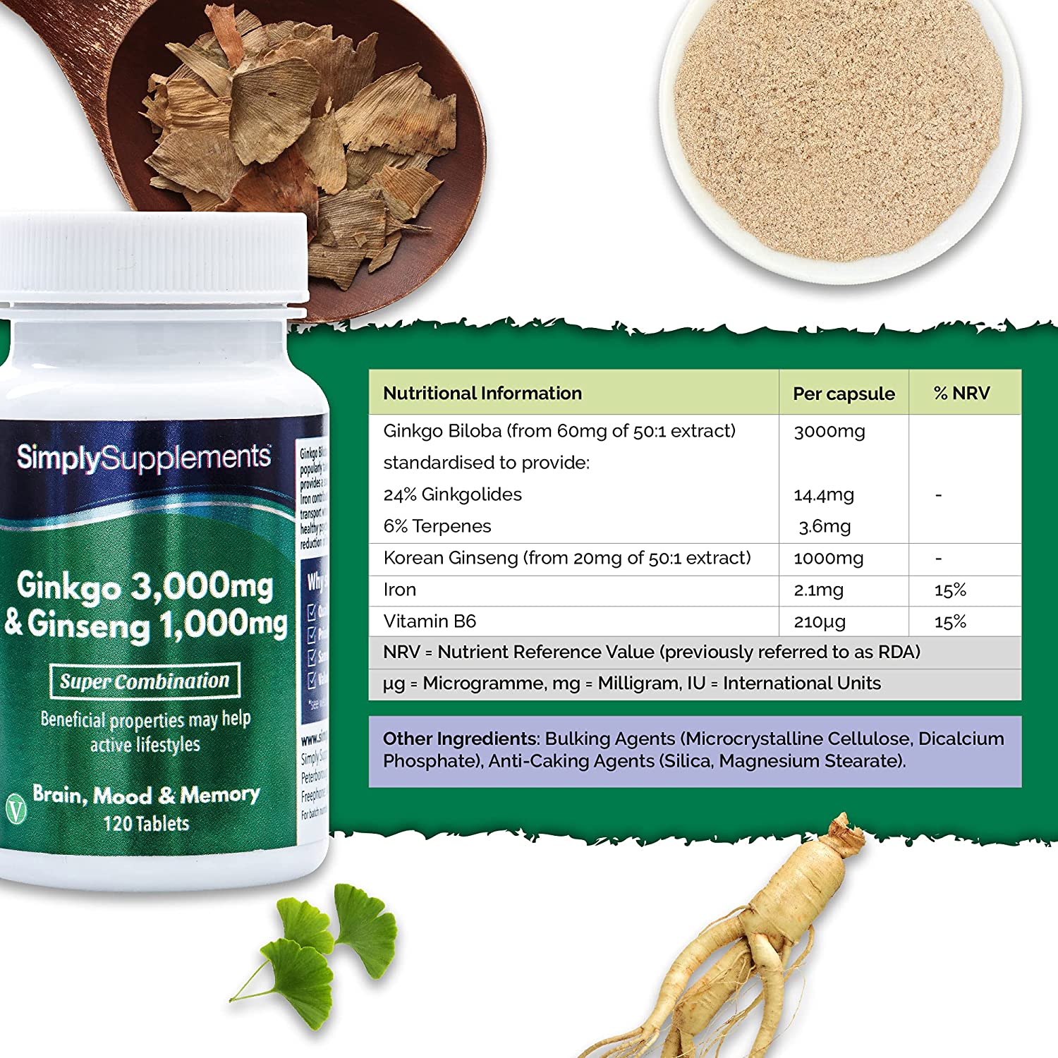Simply Supplements Ginkgo Biloba & Korean Ginseng | Supports Mental Performance & Helps with Circulation | Vegan & Vegetarian Friendly | 120 Tablets | Manufactured in The UK سمبل سبلايمنتس خليط نباتى من الجانكجو بيلوبا 3000 مجم والجنسنج 1000 مجم لدعم صحة المخ والذاكرة والمزاج 120 حباية - Image 8