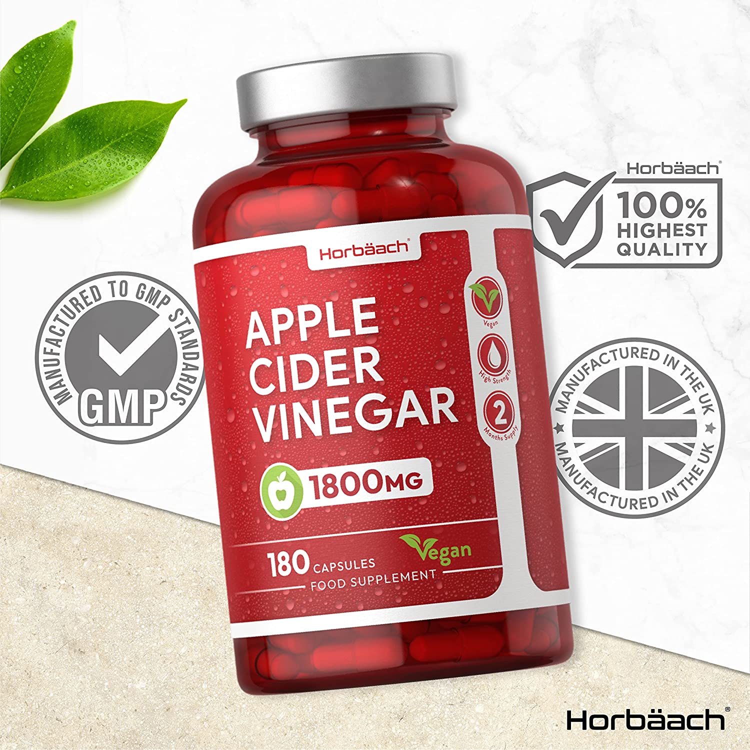 Horbaach Apple Cider Vinegar Capsules | 1800mg 180 Count | High Strength كبسولات خل التفاح | 1800 مجم | 180 قرص | غير معدلة وراثيًا، مكمل غذائي خالٍ من الغلوتين | من هورباتش - Image 6
