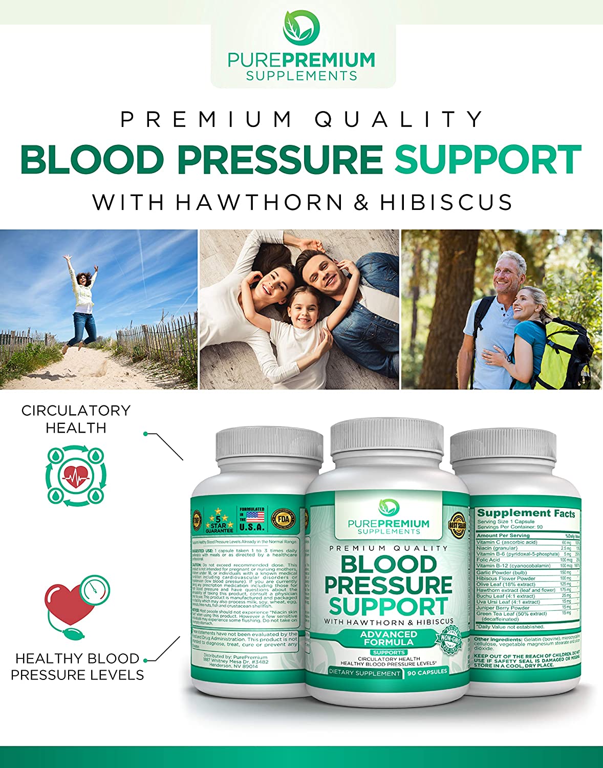PurePremium Blood Pressure Support with Hawthorn & Hibiscus - for Cardiovascular & Circulatory Health - 90 Capsules<br/>مكمل داعم لضغط الدم مع الزعرور والكركديه _ مضاد طبيعى لإرتفاع ضغط الدم ، و لصحة القلب والأوعية الدموية والدورة الدموية ، 90 كبسولة - Image 4