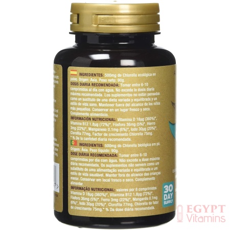 back and ingredients of Green Origins Organic Chlorella Tablets 500mg