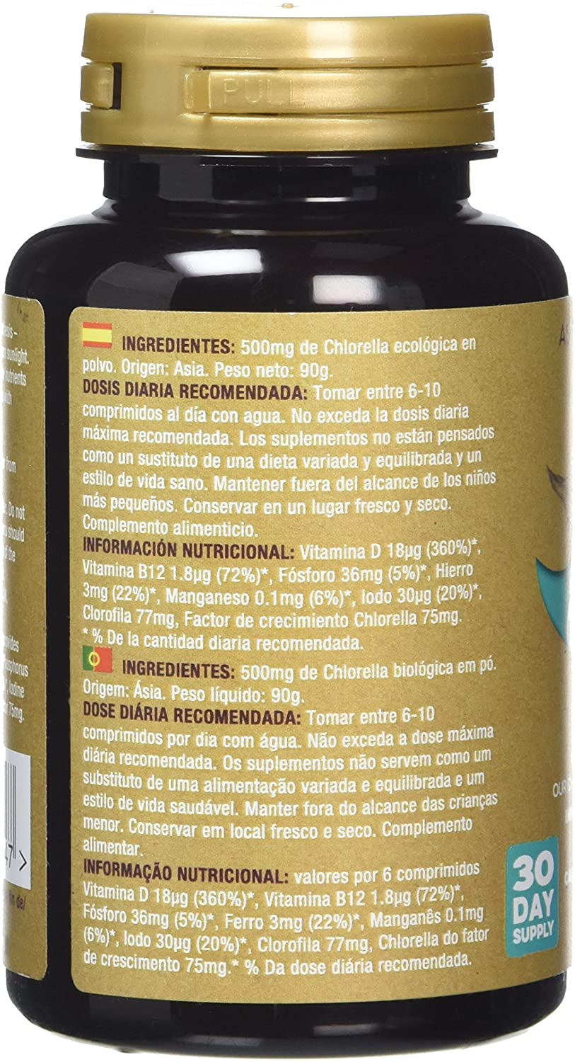 back and ingredients of Green Origins Organic Chlorella Tablets 500mg