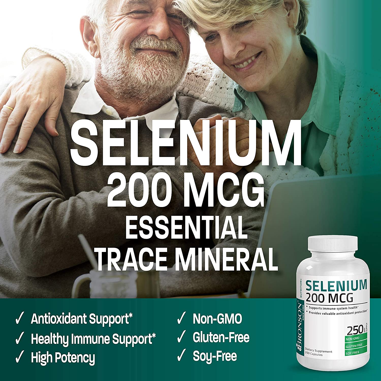 BRONSON Selenium 200 Mcg , 250 Capsulesكيلاتيد السيلينيوم 200 ميكروجرام ، لصحة الجهاز المناعى والبروستاتا ولصحة القلب والغدة الدرقية ، 250 كبسولة - Image 7