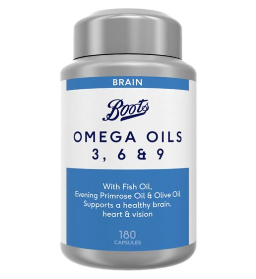 Boots Omega Oils 3 6 & 9 180 Capsules (6 month supply) بوتس ،زيت السمك، خليط من أوميجا 3 ,6 & 9 مع زيت الزيتون و زيت زهرة الربيع المسائى 180 كبسولة
