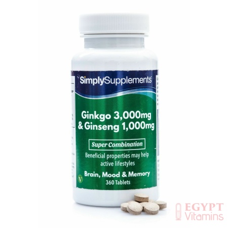 SimplySupplements Ginkgo Biloba 3000mg & Korean Ginseng 1000mg ,360 Tablets خليط نباتى من الجينكو بيلوبا 3000 مجم والجنسنج 1000 مجم لدعم صحة المخ والذاكرة والمزاج ,360 حباية