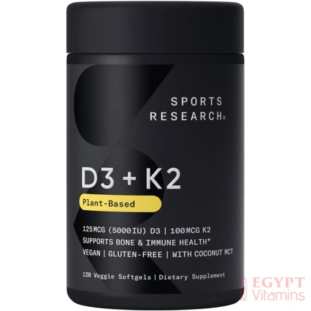 Sports Research Vitamin D3 & K2 , 120 Softgelsفيتامين د3 & ك2 5,000 وحدة دولية من فيتامين د3 _ 120 كبسولة