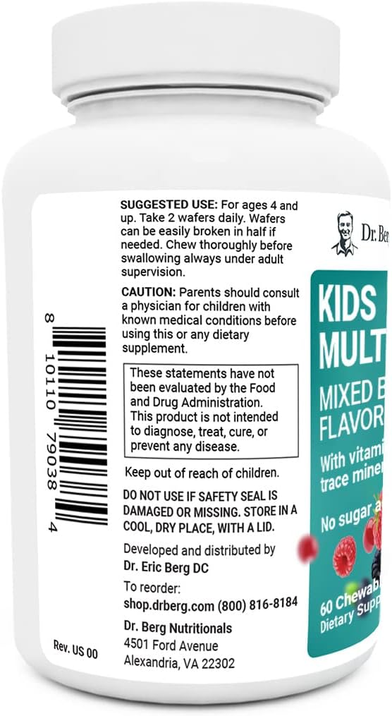 Dr. Berg Kids Chewable Multivitamins | Sugar-Free Mixed Berry Vitamins | 60 Chewable Wafers