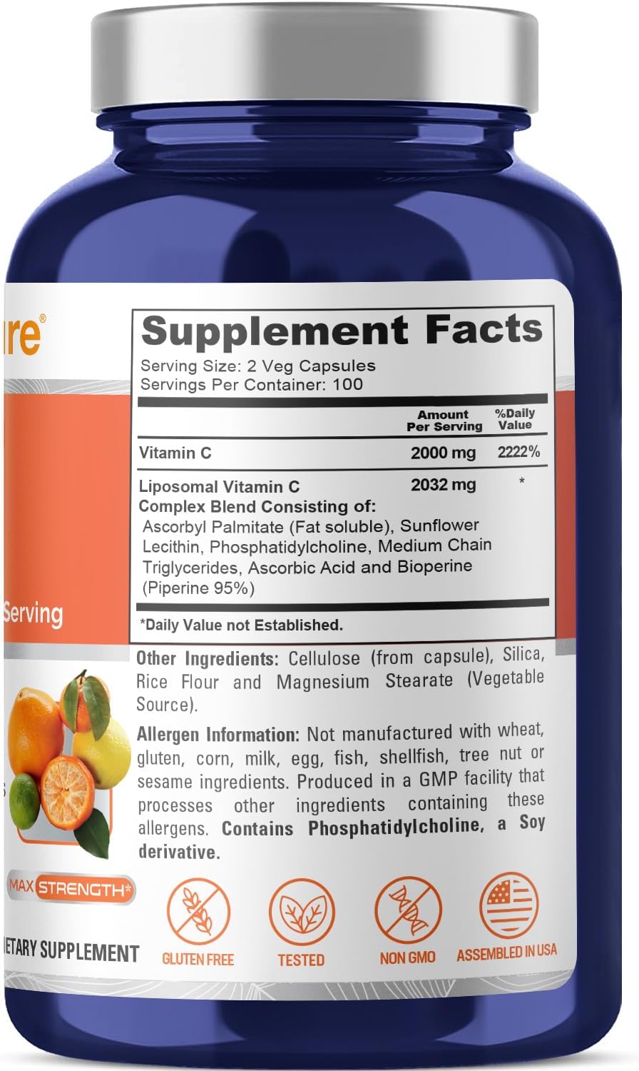 ingredients of NusaPure Liposomal Vitamin C 2032mg with BioPerine – Ascorbic Acid,200 Capsules