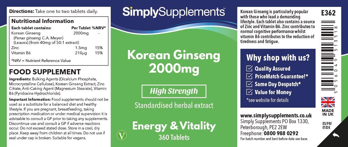 SimplySupplements Korean Ginseng 2000mg, 360 Tablets - Image 6