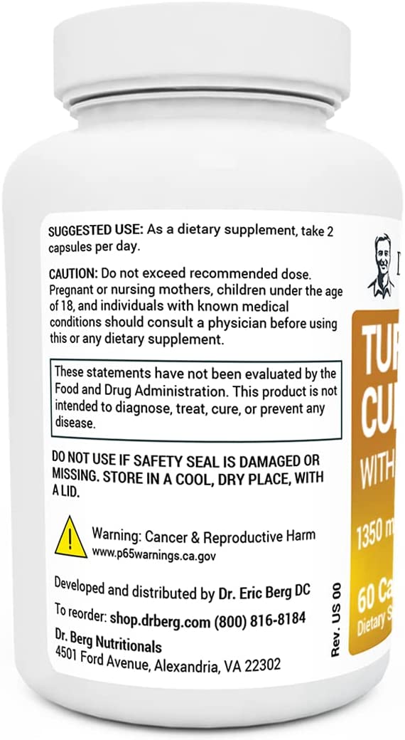Dr. Berg's Turmeric Curcumin with Bioperine Turmeric Supplement for Brain, Heart & Joint Support- 60 Capsules