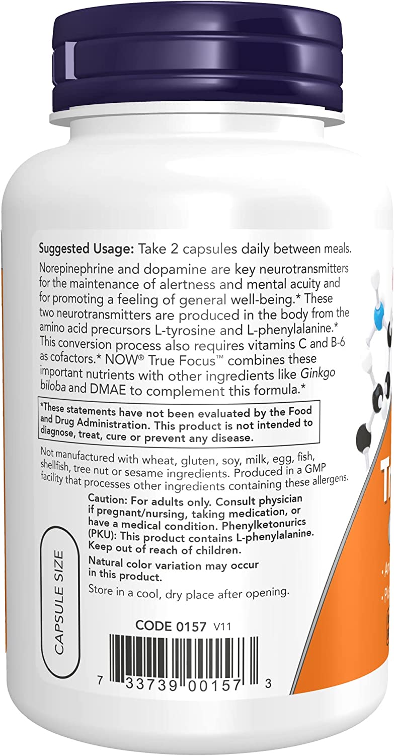 NOW Supplements, True Focus™ with Amino Acids, Ginkgo, DMAE + CoQ10 and Grape Seed Extract , 90 Veg Capsules