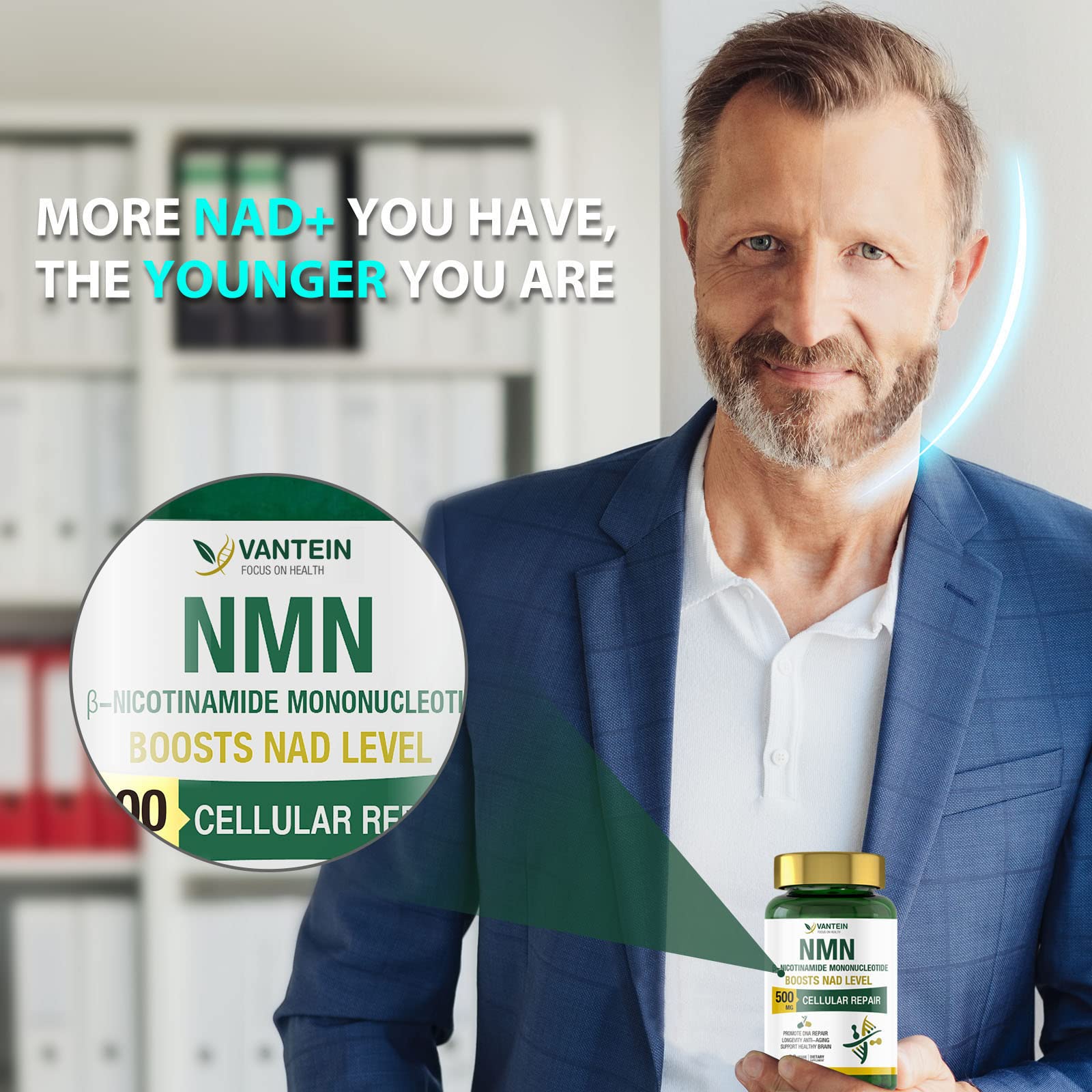 vantein NMN Supplement 500MG, 120 Capsules NMN Powder for Supports Anti-Aging, Longevity and Energy, Enhance Concentration, Naturally Boost NAD+ Levels