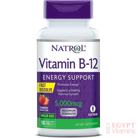 Natrol Vitamin B12 Fast Dissolve Tablets, Promotes Energy, Supports a Healthy Nervous System, Strawberry Flavor, 5,000mcg, 100 Count