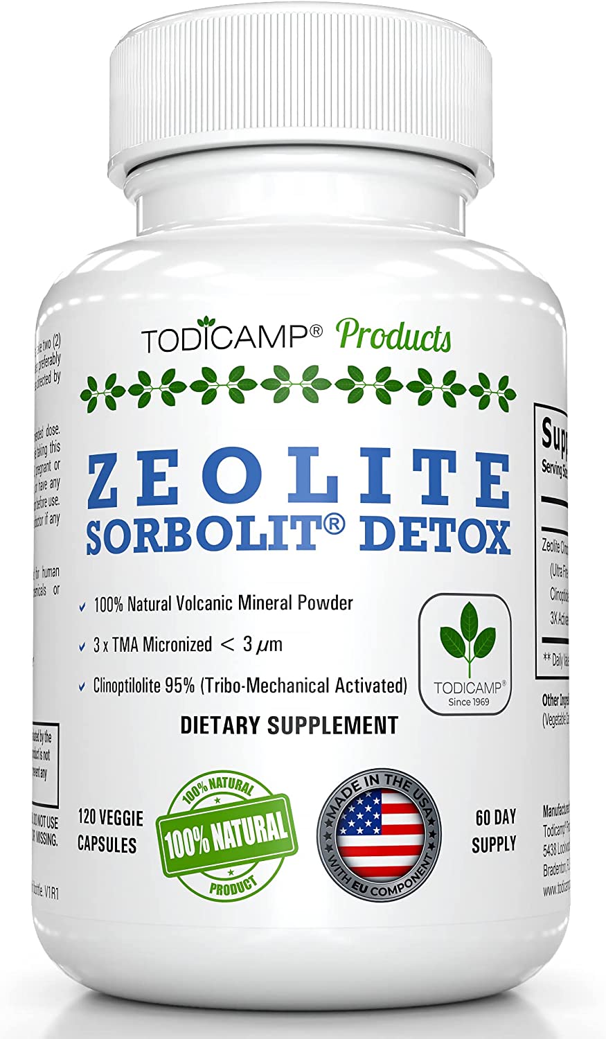 TODICAMP Zeolite Detox - Zeolite Capsules Sorbolit Ultra FINE 1-2 µm - Zeolite Clinoptilolite Powder 95% - 3X Activated - 120 Capsules - Zeolite Powder Supplement - 2 Months Supply