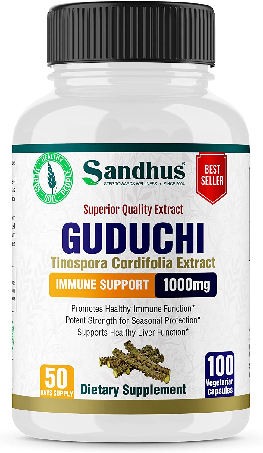 Guduchi (Tinospora Cordifolia) Giloy Immune Support 1000 mg per Serving Vegetarian 100 Capsules