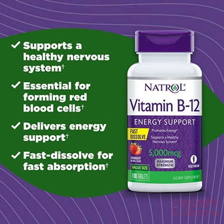 Natrol Vitamin B12 Fast Dissolve Tablets, Promotes Energy, Supports a Healthy Nervous System, Strawberry Flavor, 5,000mcg, 100 Count