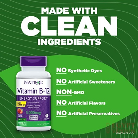 Natrol Vitamin B12 Fast Dissolve Tablets, Promotes Energy, Supports a Healthy Nervous System, Strawberry Flavor, 5,000mcg, 100 Count