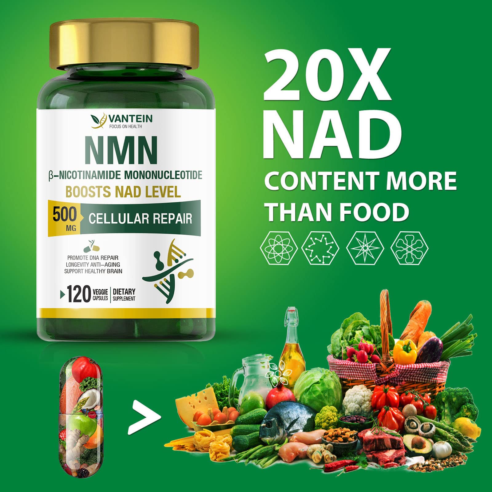 vantein NMN Supplement 500MG, 120 Capsules NMN Powder for Supports Anti-Aging, Longevity and Energy, Enhance Concentration, Naturally Boost NAD+ Levels