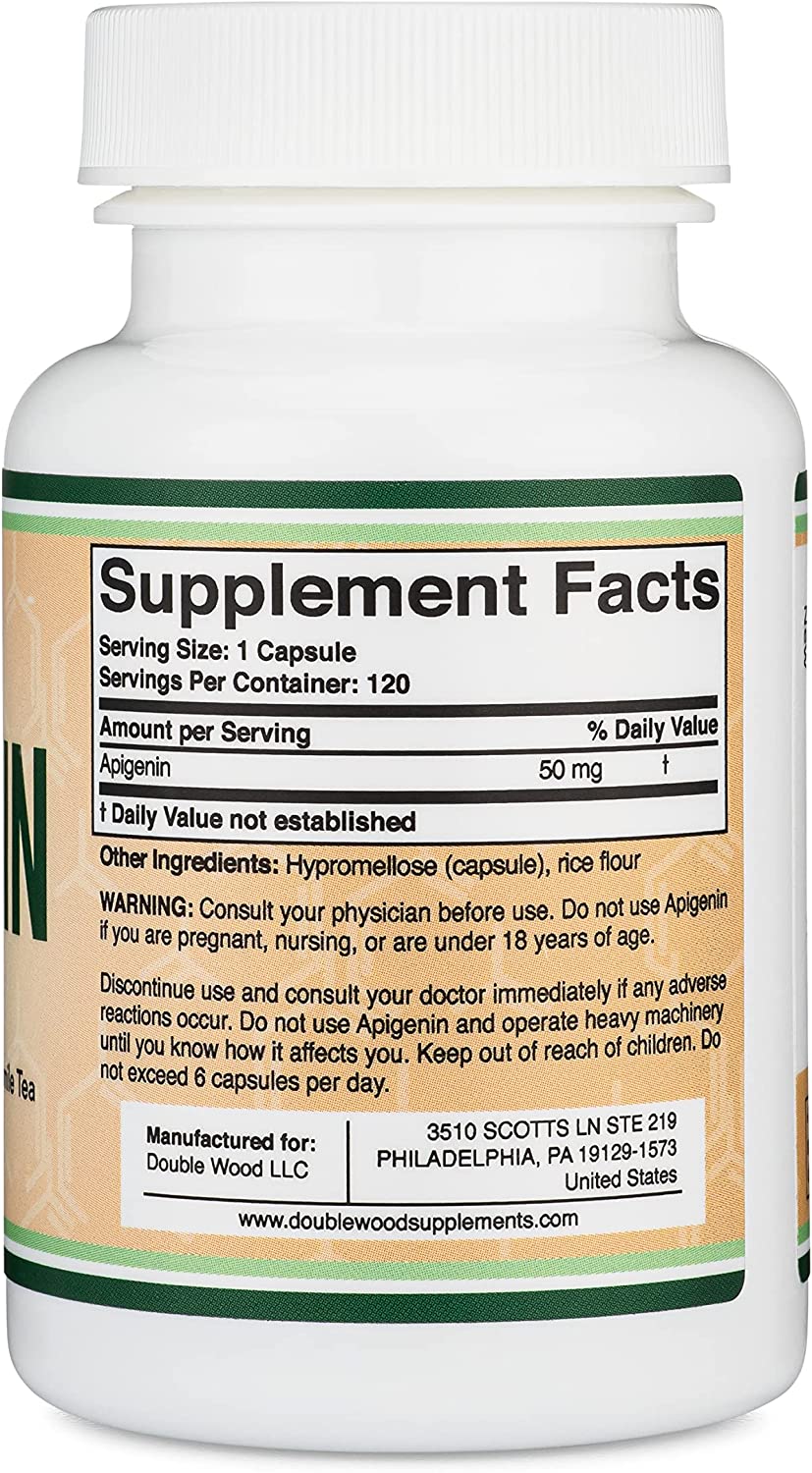 DOUBLE WOOD Apigenin Supplement - 50mg per Capsule, 120 Count (Powerful Bioflavonoid Found in Chamomile Tea for Relaxation, Sleep, and Mood) Senolytic Flavonols for Aging