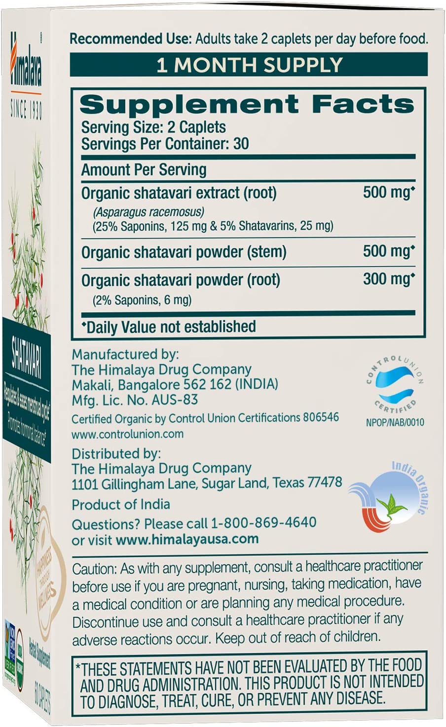 Himalaya Organic Shatavari for PMS, Menstrual Cramp Relief, Menopause Support, and Women's Health, 1,300 mg, 60 Caplets, 1 Month Supply