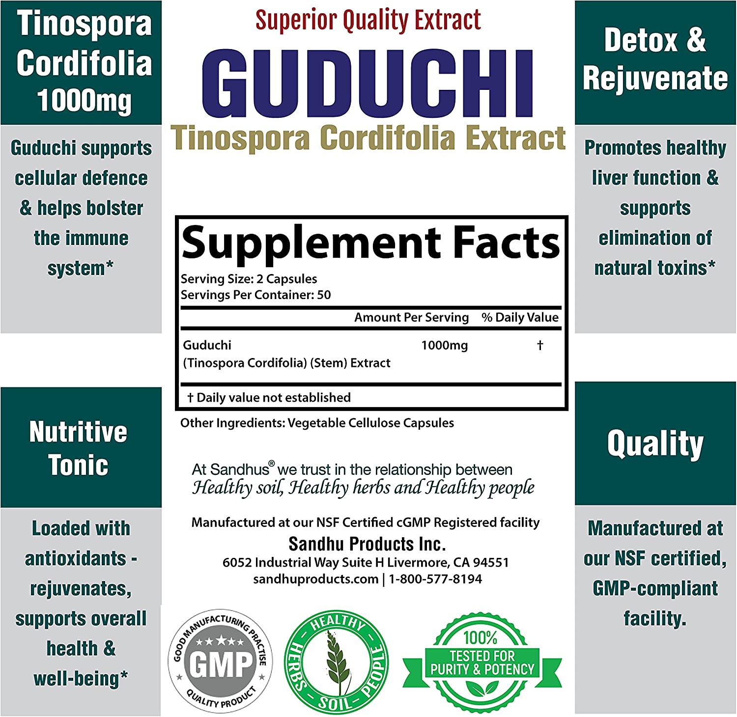 Guduchi (Tinospora Cordifolia) Giloy Immune Support 1000 mg per Serving Vegetarian 100 Capsules