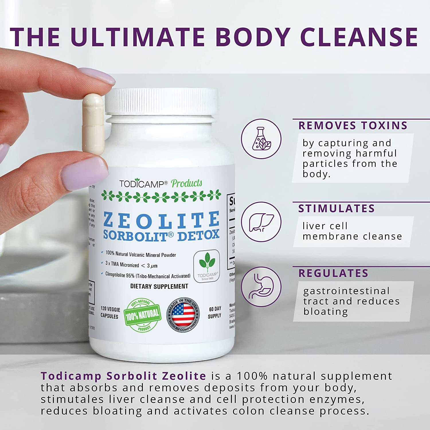 TODICAMP Zeolite Detox - Zeolite Capsules Sorbolit Ultra FINE 1-2 µm - Zeolite Clinoptilolite Powder 95% - 3X Activated - 120 Capsules - Image 7