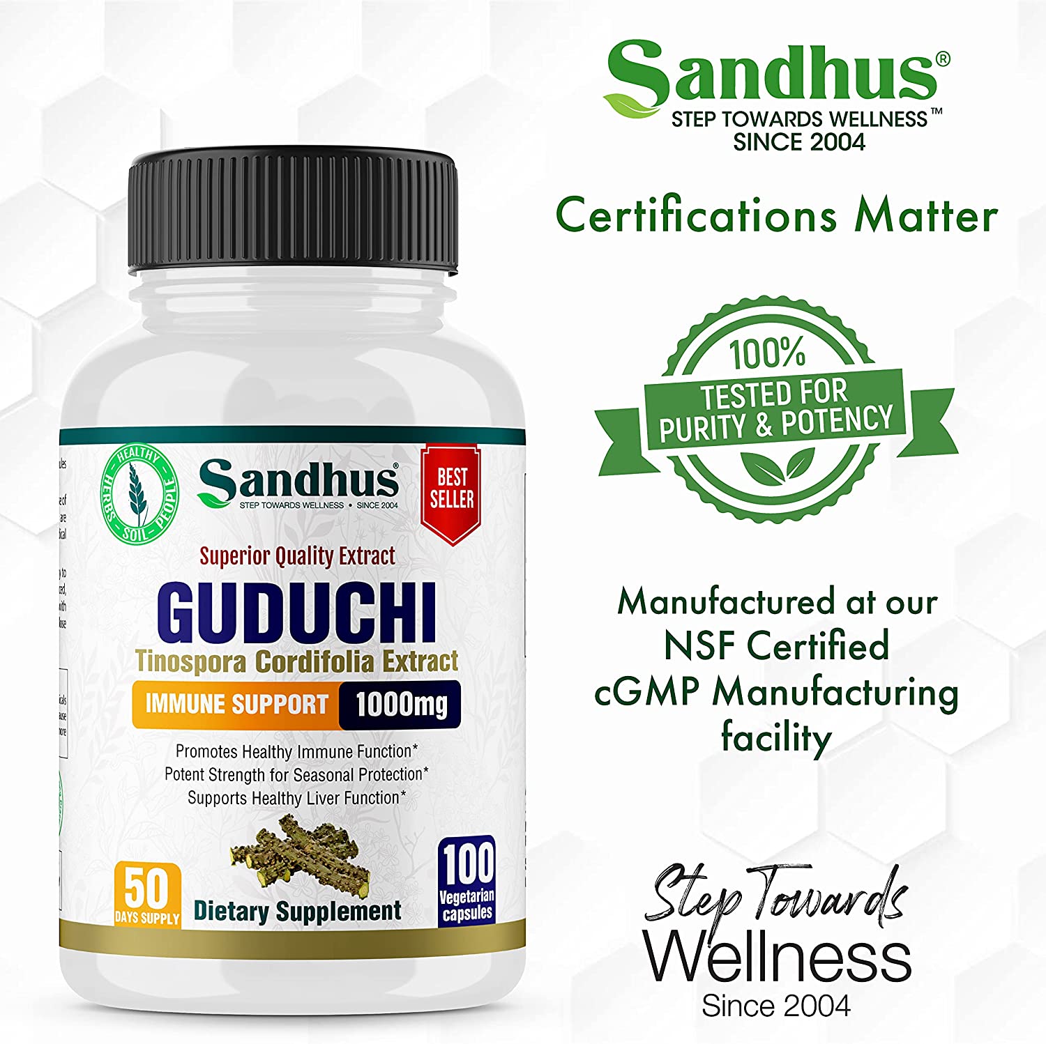 Guduchi (Tinospora Cordifolia) Giloy Immune Support 1000 mg per Serving Vegetarian 100 Capsules